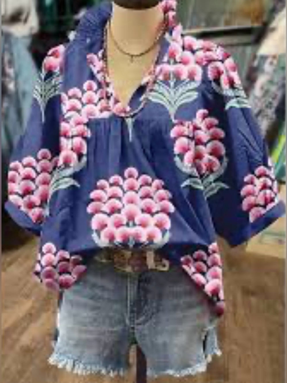 Women's Floral Popover Top - Blue and Pink